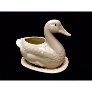 Vintage Duck Planter CDP Natural White Clay Light Purple/Pink Flowers Succulents